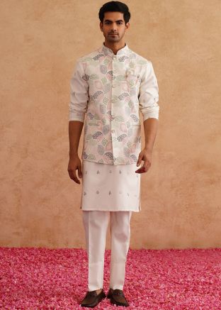 Pink Embroidered Men Kurta Pajama With Nehru Jacket