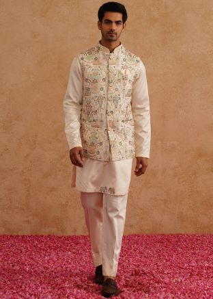 Cream Embroidered Kurta Pajama With Nehru Jacket