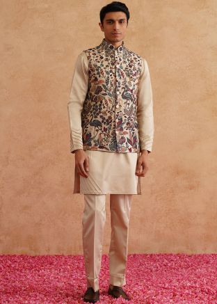 Cream Embroidered Kurta Pajama With Nehru Jacket