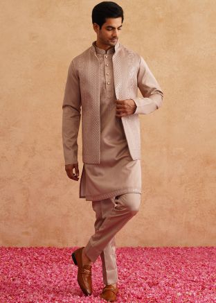 Beige Kurta Pajama With Embroidered Nehru Jacket