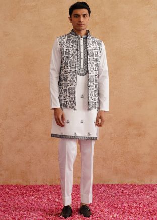 White Embroidered Men Kurta Pajama With Nehru Jacket